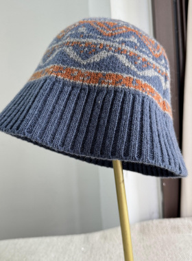 蓝色费尔岛羊毛水桶帽子女秋冬复古渔夫帽遮阳百搭灰色提花盆帽潮