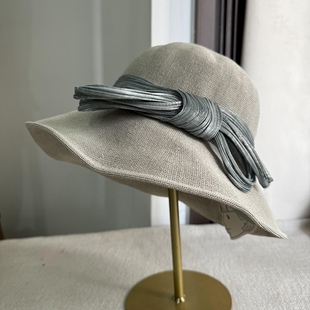 日本和纸贵妇款真丝麻纱装饰蓝色洋气渔夫帽子女春夏防晒百搭盆帽