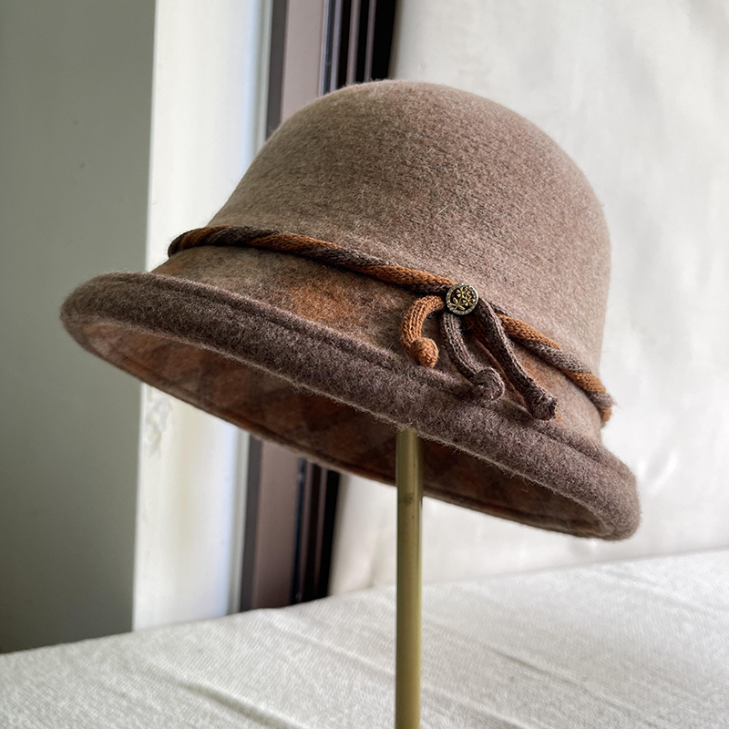 羊毛卷边蓝色盆帽子秋冬时尚百搭渔夫帽女可折叠中老年礼帽保暖帽