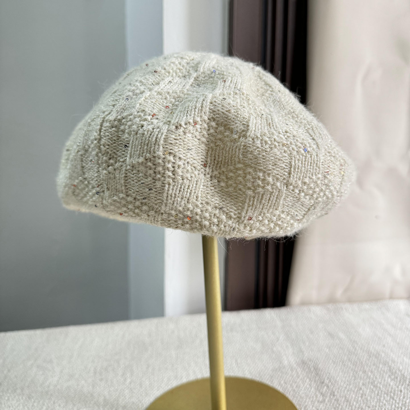 秋冬毛线针织亮片贝雷帽女时尚百搭立体显脸小画家帽大头围蓓蕾帽