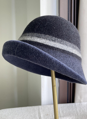 高级感蓝色羊毛渔夫帽子女秋冬显脸小卷边礼帽中老年百搭保暖盆帽