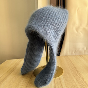 2025年新款蓝色兔毛双层护耳雷锋帽子女秋冬保暖毛线针织帽冷帽潮