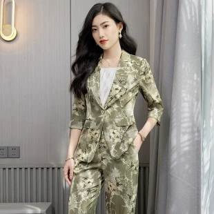 外套女新款 套装 2025春夏季 休闲西服阔腿裤 中袖 高端醋酸印花小西装