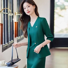 绿色连衣裙女夏季新款高级感气质修身内搭打底裙西装套装裙工作服