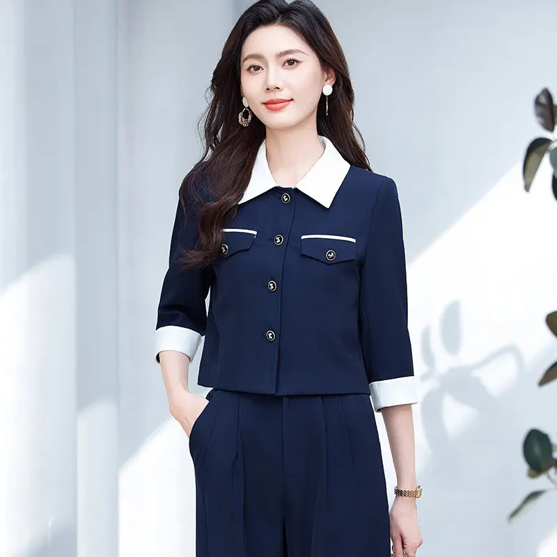 七分袖藏蓝色西装外套女春季新款时尚通勤高级感短款气质西服套装
