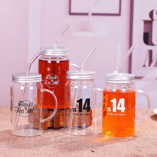 高档次玻璃水杯高硼硅水杯500ml带盖茶杯耐热泡茶把子杯送吸管