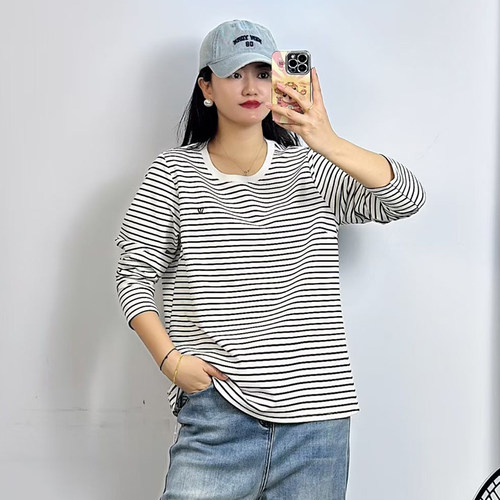 大码女装春季条纹打底衫卫衣