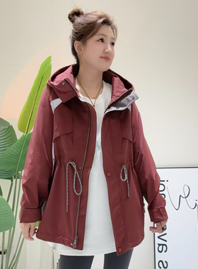 金影奇春季新款连帽风衣女外套宽松大码女装抽绳收腰上衣85116