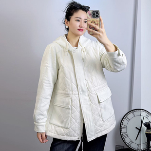 米莱奇2025冬新款格纹拼接薄棉衣女宽松大码连帽百搭棉服外套5903