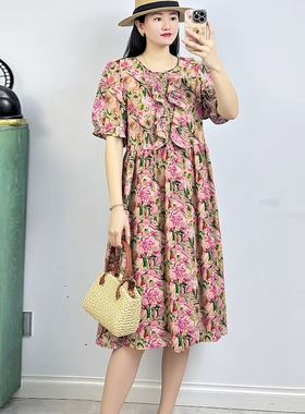 金影奇新款短袖复古连衣裙女休闲大码碎花收腰A字裙雪纺裙子18752