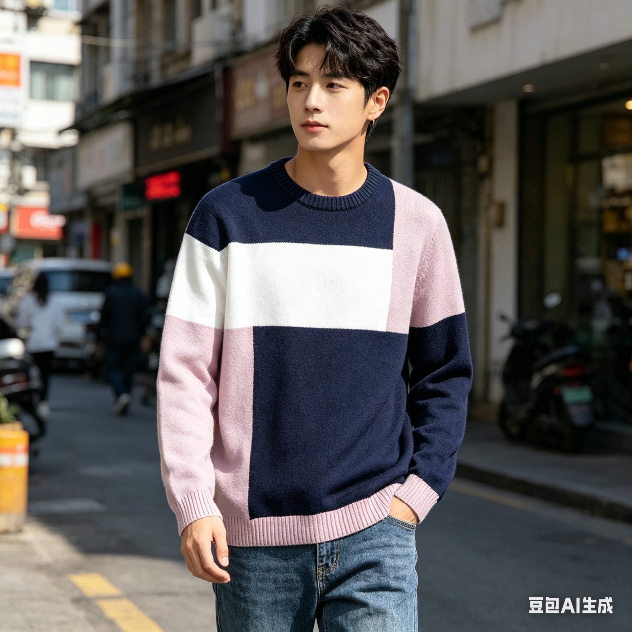 明星同款秋冬拼色圆领男针织衫