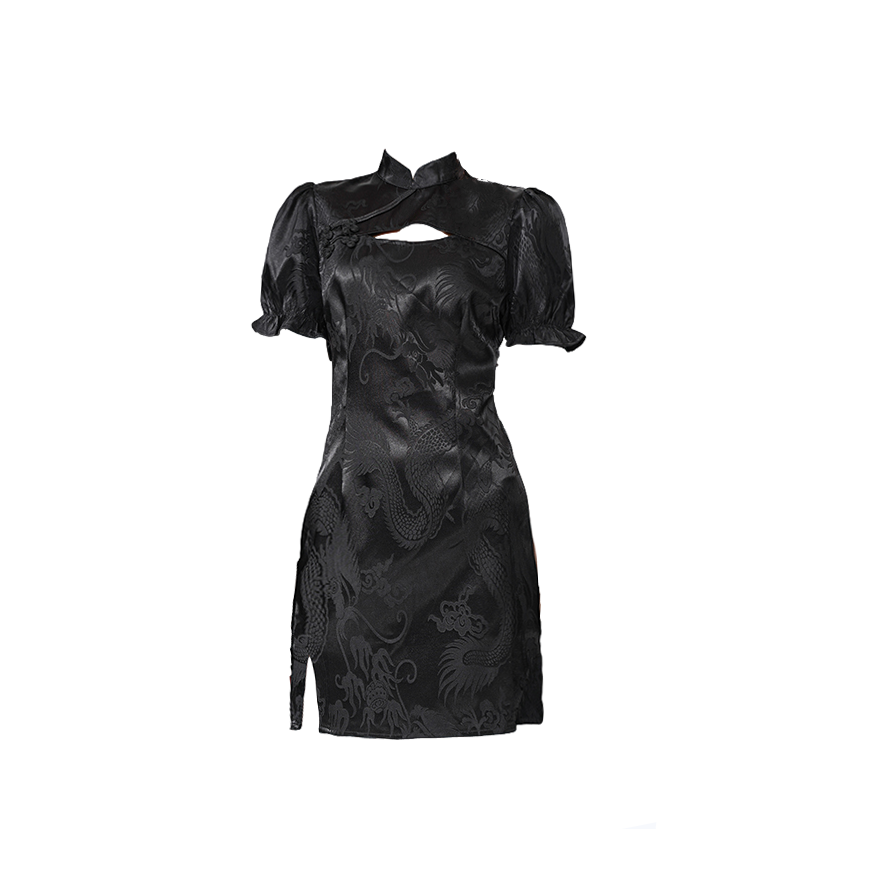 泡泡袖开叉改良连衣裙暗黑龙纹