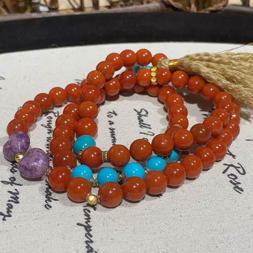 南红6mm松石圆珠三圈/18k（见露）AZB10375