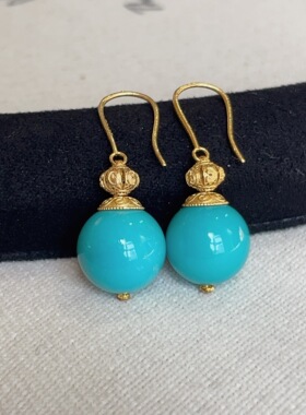 原矿高瓷蓝绿松石圆珠耳钩18k（若娴）AZB12193