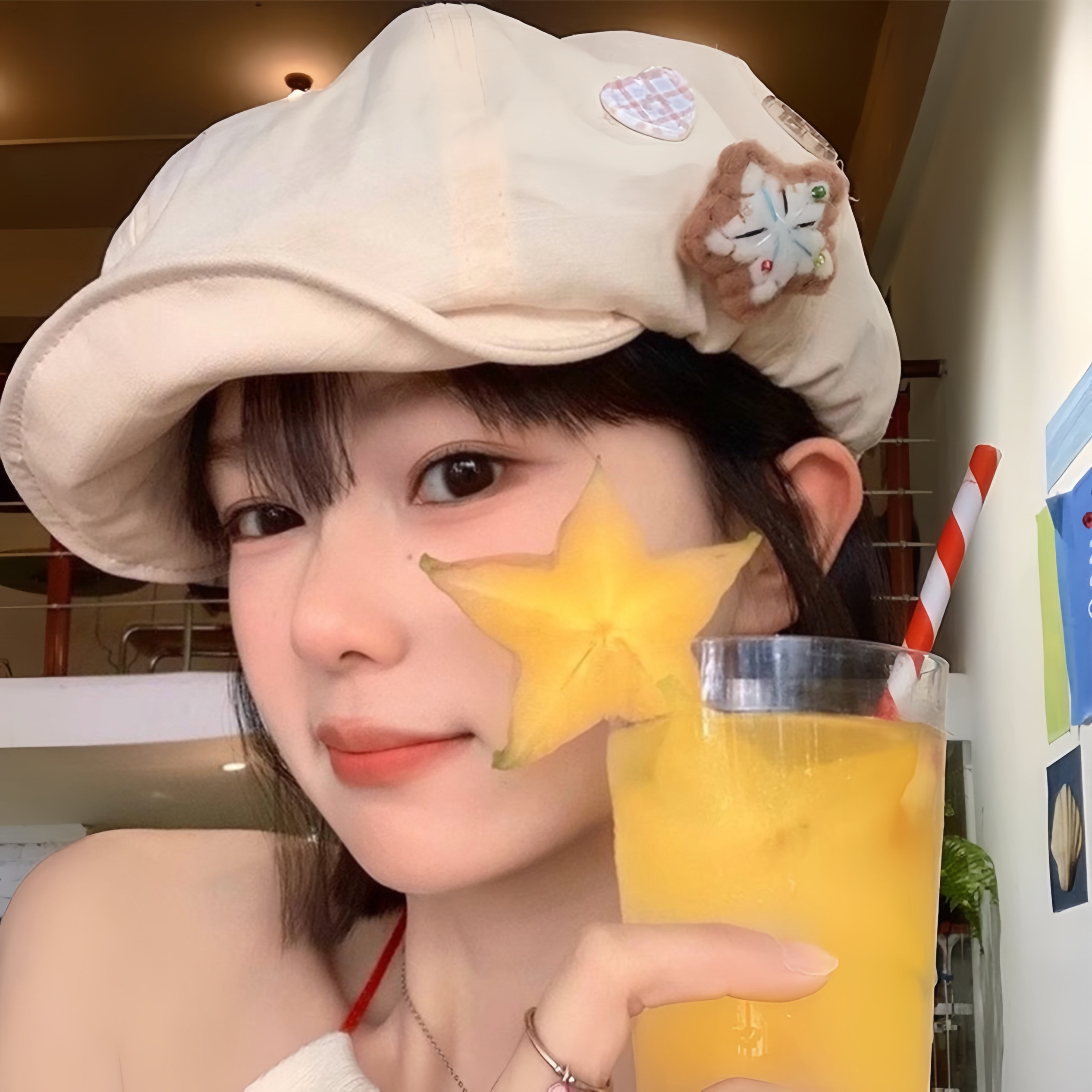 可爱五角星纽扣八角帽春夏女款软帽子