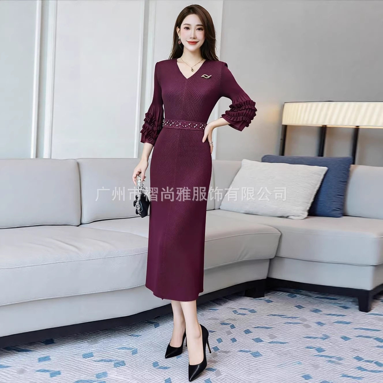 厂家直供春季新款设计感花瓣袖连衣裙大码轻奢礼服裙子女新潮优雅