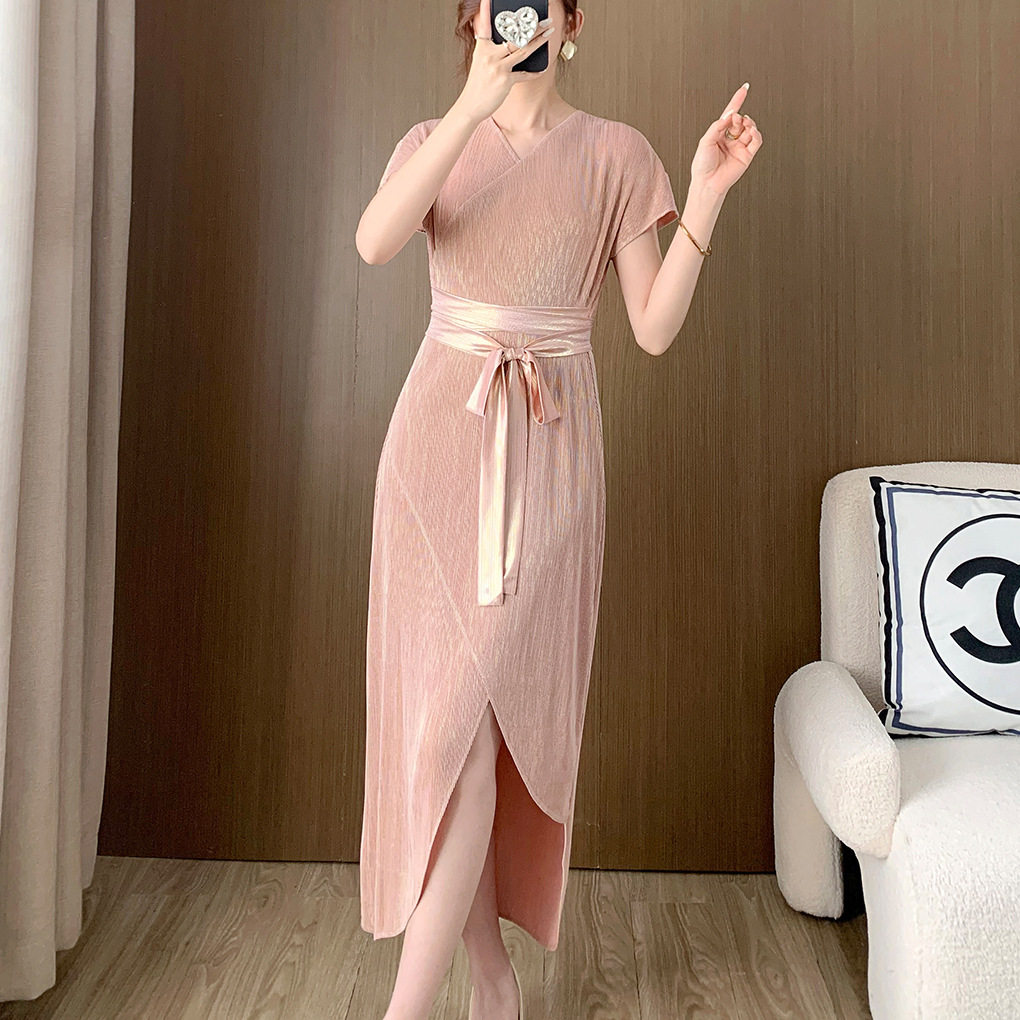 高端烫金连衣裙夏季女长款不规则设计感开叉褶皱裙子法式晚礼服裙
