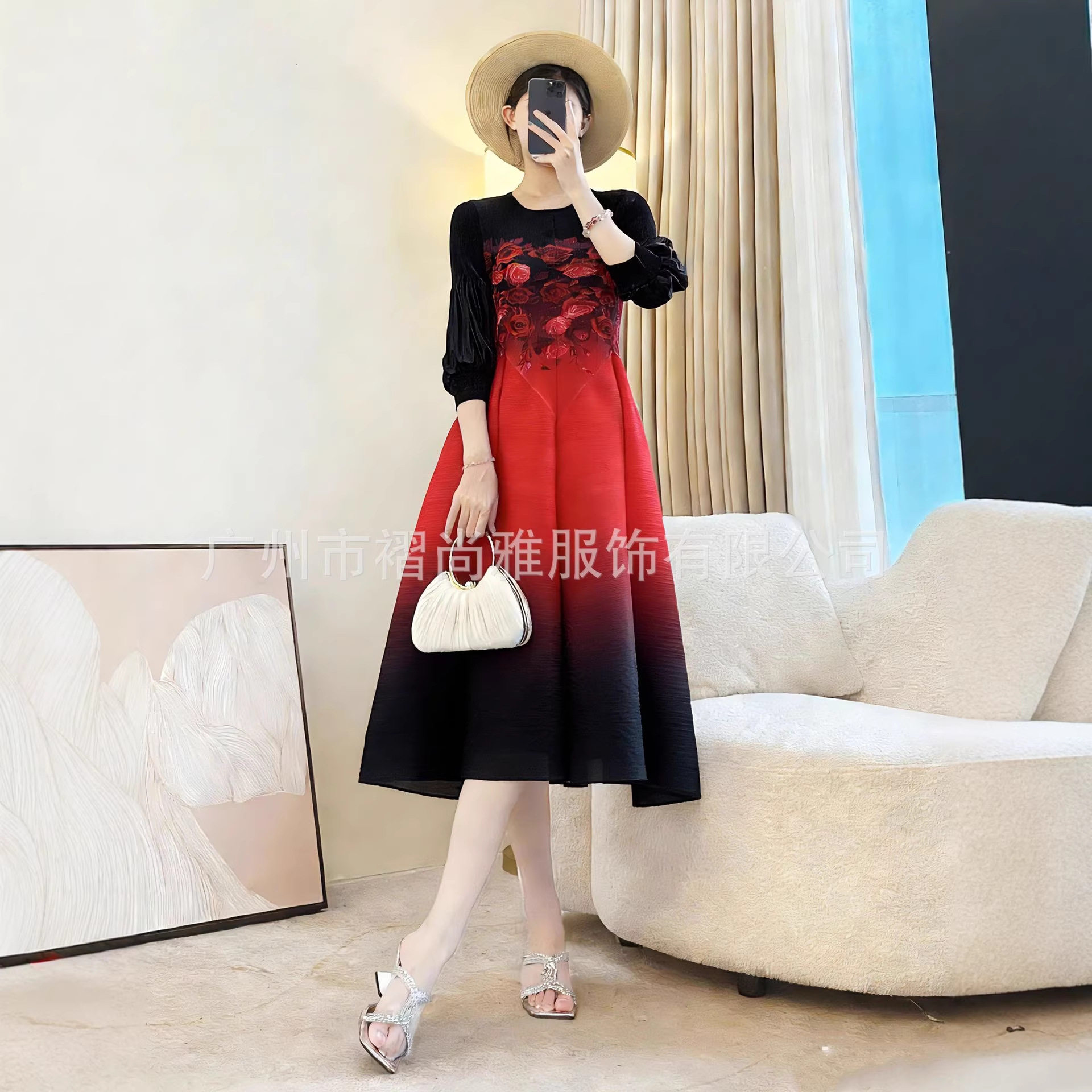 厂家直供春季新款印花蓬蓬连衣裙褶皱宽松气质时尚通勤裙子女新潮