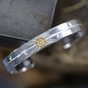 【溪迟】菊地健 24K点金飞鸟射线平打手镯925纯银手工镯子