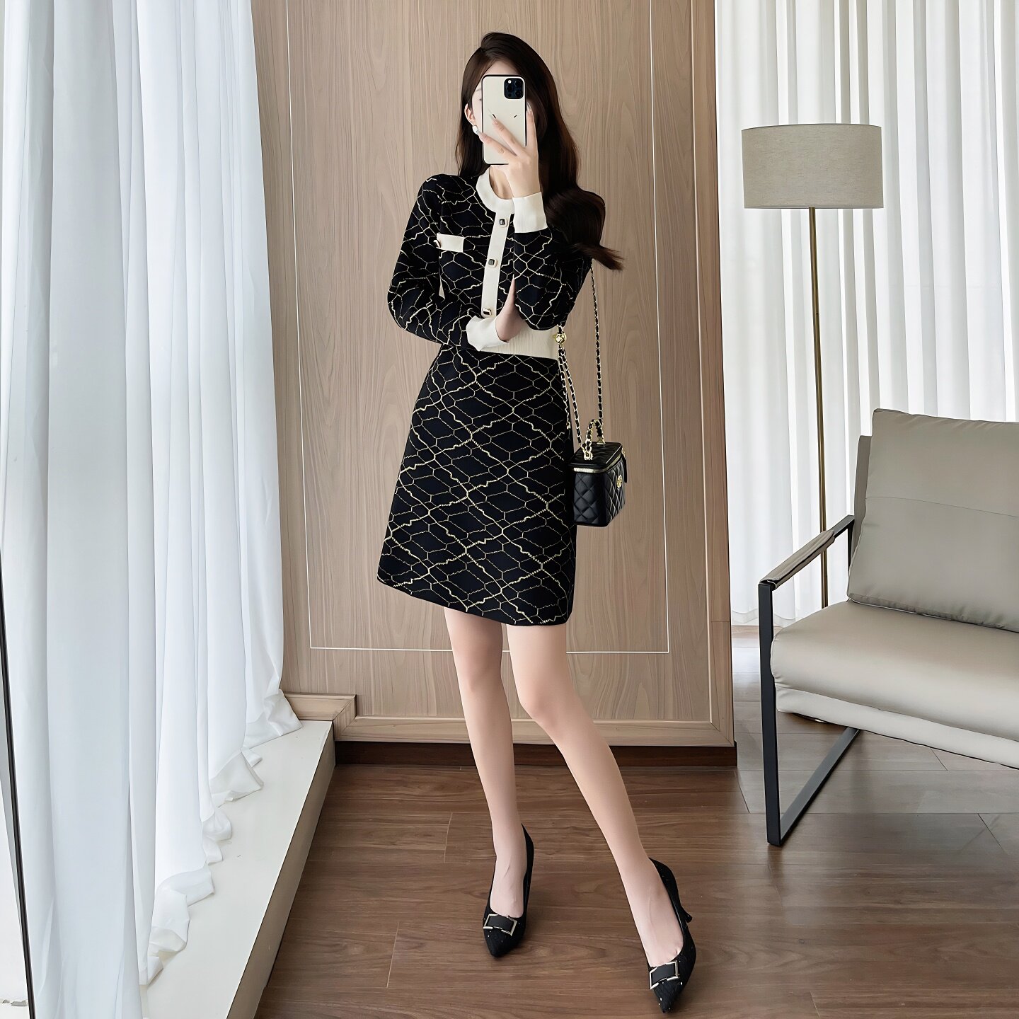 气质名媛小香风撞色提花金丝毛衣连衣裙女秋冬长袖高腰A字针织裙