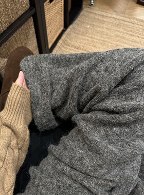 FW2025冬春新款灰色羊毛呢糯米裤女大码新款宽松高腰直筒阔腿裤