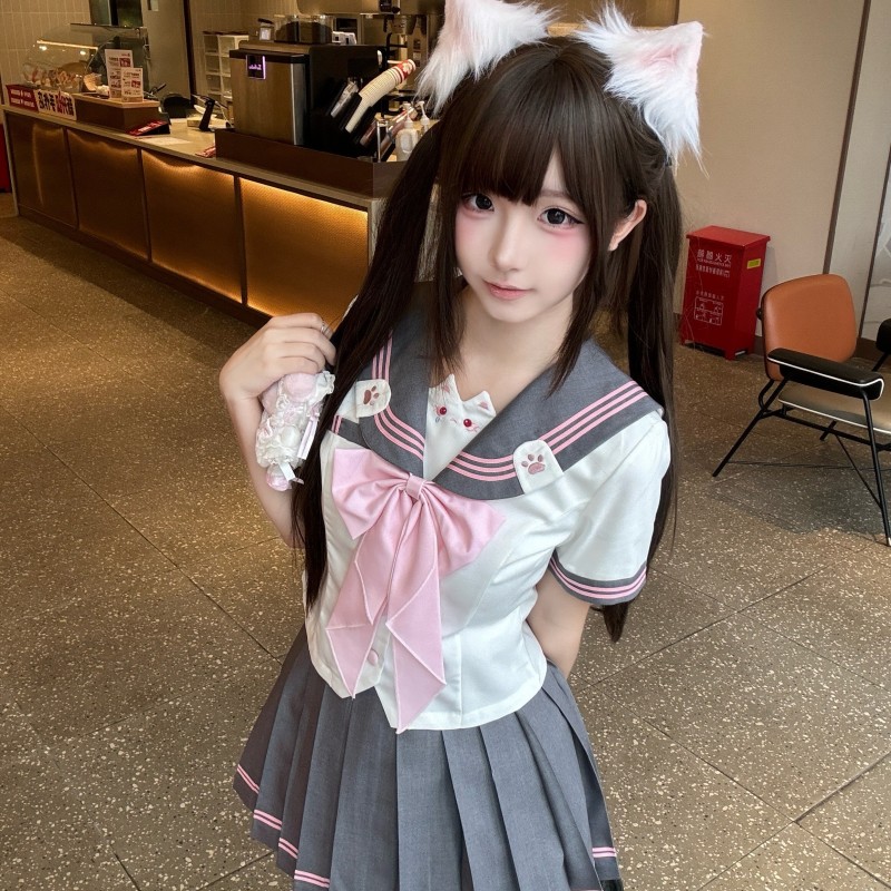 日系JK制服水手服粉灰色显瘦修身