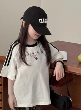 女童超火的夏装短袖t恤2025夏季白色洋气韩版宽松夏装儿童上衣潮