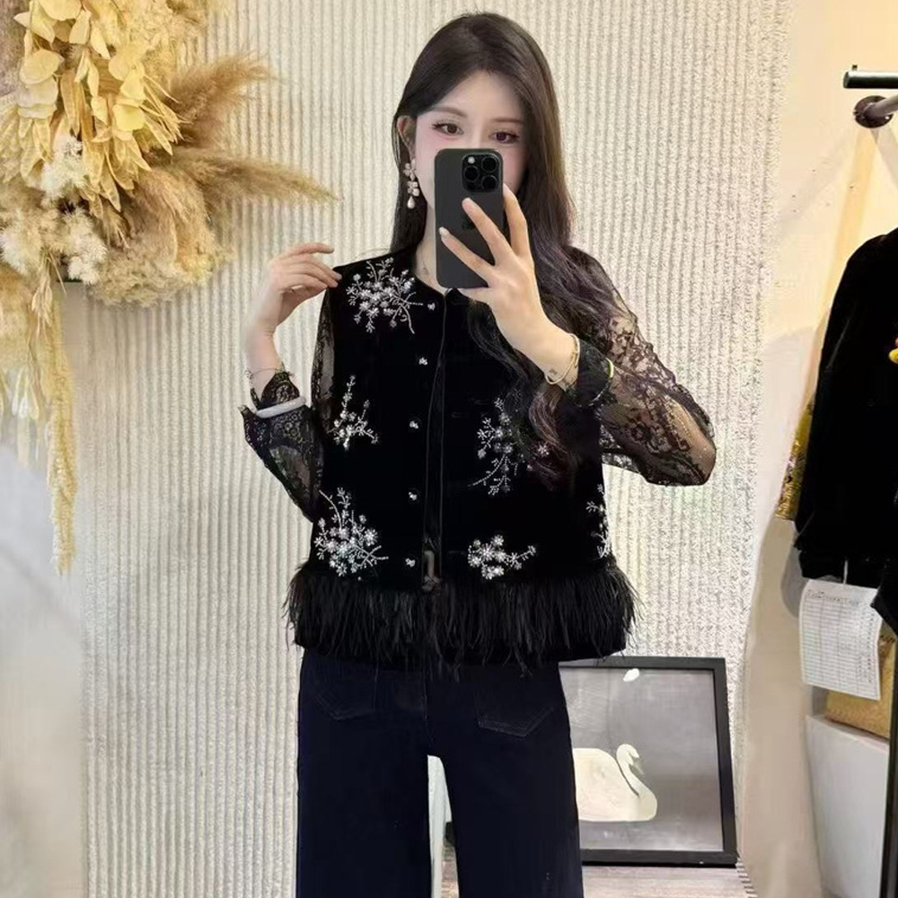 新中式国风鸵鸟毛丝绒夹棉马甲女2025秋冬季时尚百搭加厚马甲上衣