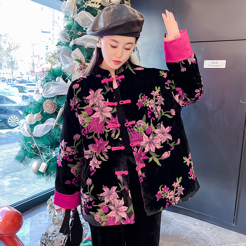 棉衣女冬季新款宽松显瘦复古新中式印花盘扣唐装短款棉服夹棉外套