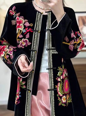 秋冬高贵丝绒满绣大花黑色宽松加厚加棉外套女新中式国风唐装上衣
