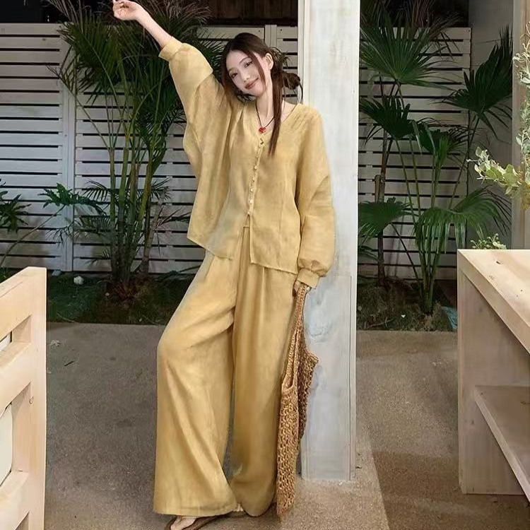 2025夏季新中式宽松显瘦薄款防晒上衣套装女款国风阔腿长裤两件套