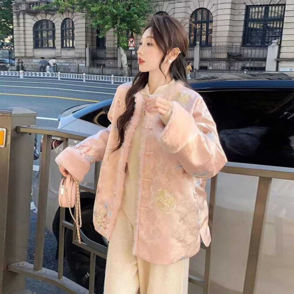 新中式国风重工刺绣气质百搭毛毛棉衣外套女2025冬季新款加厚棉袄