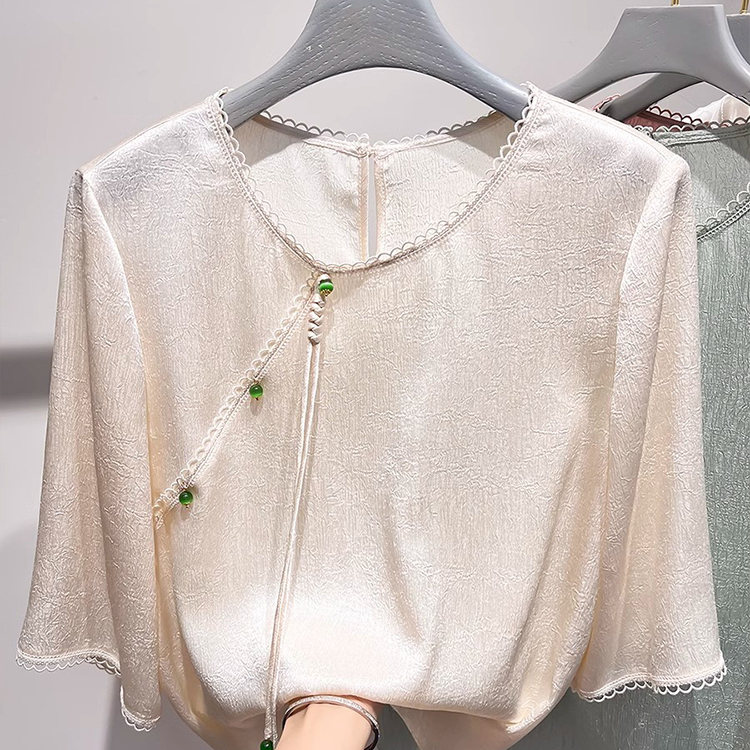 2025夏季新款国风气质显瘦圆领拼接半袖新中式纯色短袖T恤上衣女