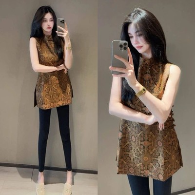 新中式国风显瘦中长款无袖马甲女欧洲站2025春秋新款气质立领上衣