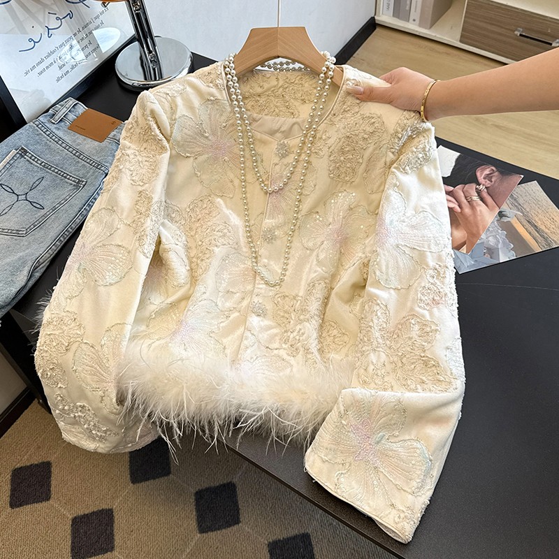 新中式国风减龄重工刺绣提花外套女2025秋季超火休闲百搭毛毛上衣