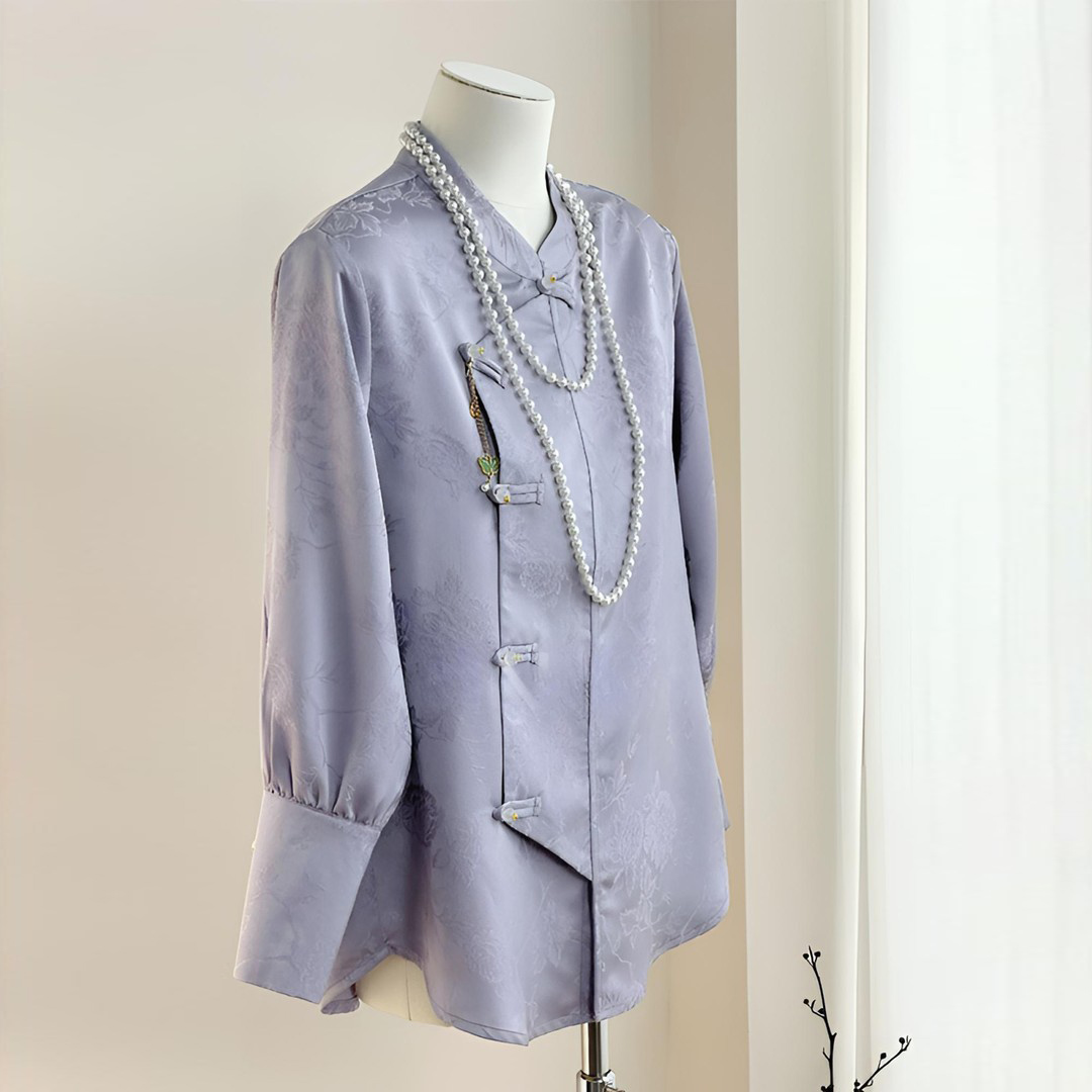 新中式国风缎面提花打底衬衣女2025春秋气质复古百搭长袖T衬衫T恤