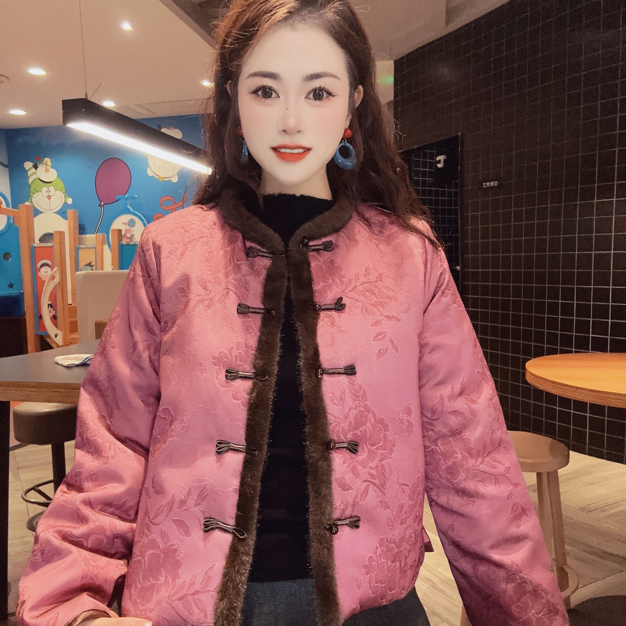 2025冬季保暖宽松显瘦人丝提花毛边新中式国风棉服外套气质棉衣女