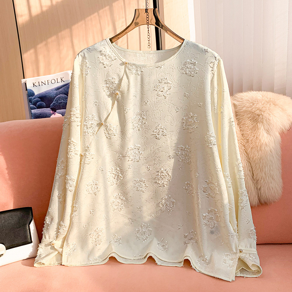 新中式国风提花蕾丝衫上衣女装2026春新款高级感圆领喇叭袖打底衫,女装/女士精品,衬衫,淘宝优惠券,粉丝福利购,淘宝优惠卷