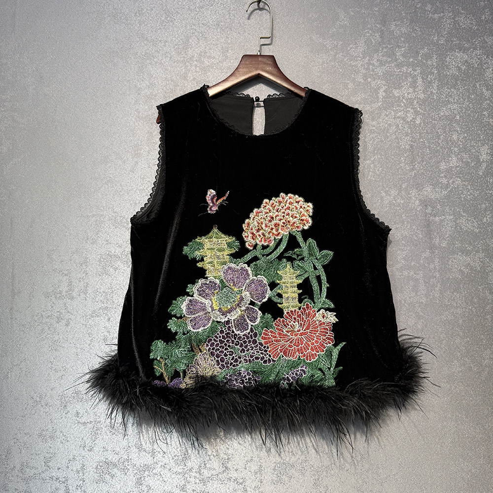 新中式国风重工刺绣丝绒马甲女2025春秋季气质百搭驼鸟毛休闲马夹