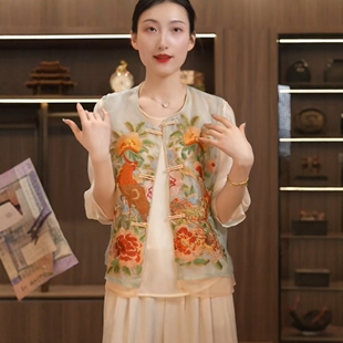 时尚 女装 重工绣花气质圆领马夹女 新中式 国风刺绣轻薄马甲女C夏款