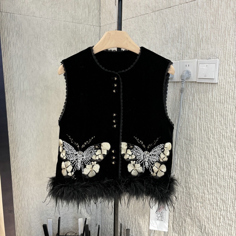 新中式国风设计感丝绒蝴蝶刺绣钉珠洋气无袖背心毛毛马甲女装上衣