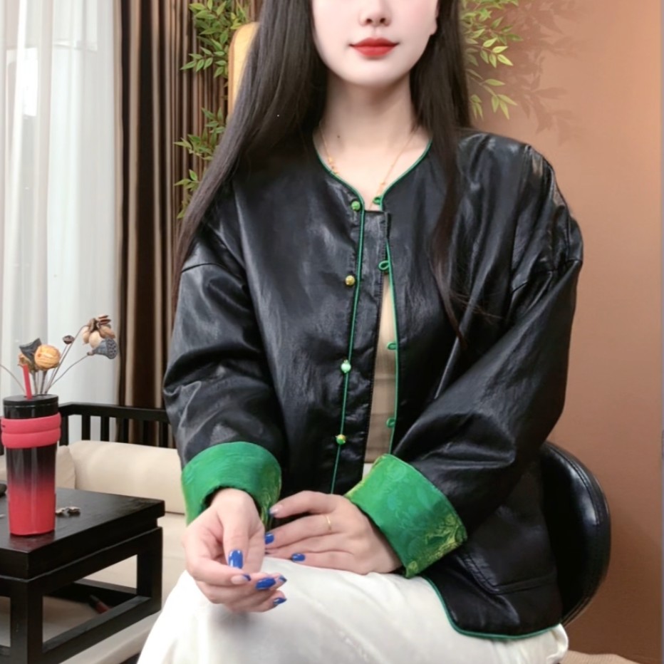 高级感复古新中式双面穿皮衣外套女2025春秋气质宽松国风PU皮上衣