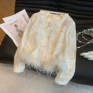 新中式国风重工钉珠小香外套女装设计感名媛气质鸵鸟毛短开衫上衣