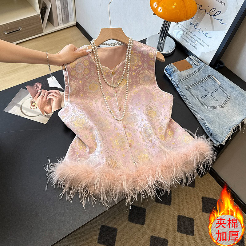 高级感轻奢洋气新中式国风加棉马甲女装秋冬新款保暖鸟毛加厚背心