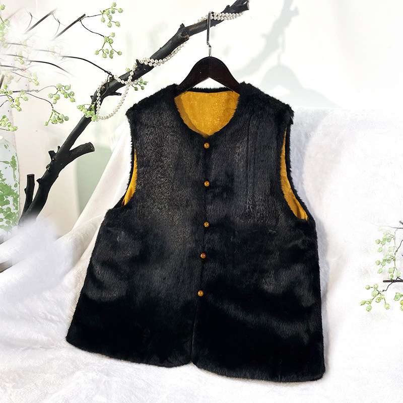 新中式国风毛毛圆领马甲女装2025秋冬季显瘦气质百搭加厚保暖背心