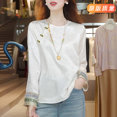 2026春秋季新中式马甲内搭打底衫女长袖刺绣盘扣衬衫国风改良上衣