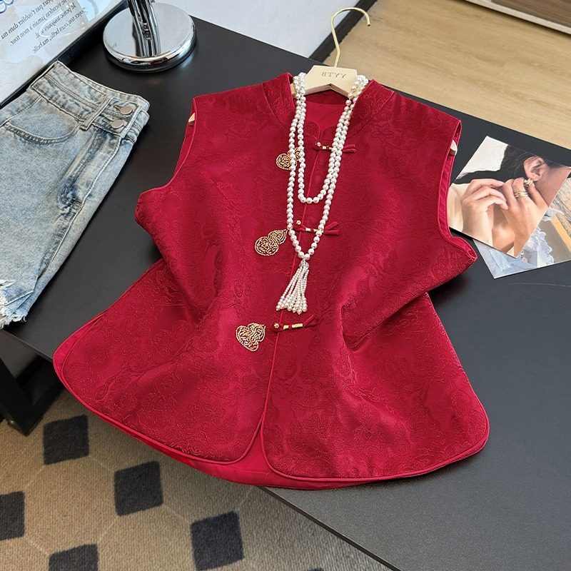 2026春秋季新中式国风钉珠人丝提花红色马夹女装无袖叠穿马甲上衣,女装/女士精品,马夹,淘宝优惠券,粉丝福利购,淘宝优惠卷
