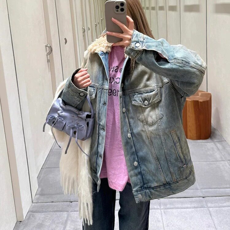 美式复古加厚夹棉牛仔外套女秋冬季新款宽松慵懒百搭毛领保暖上衣