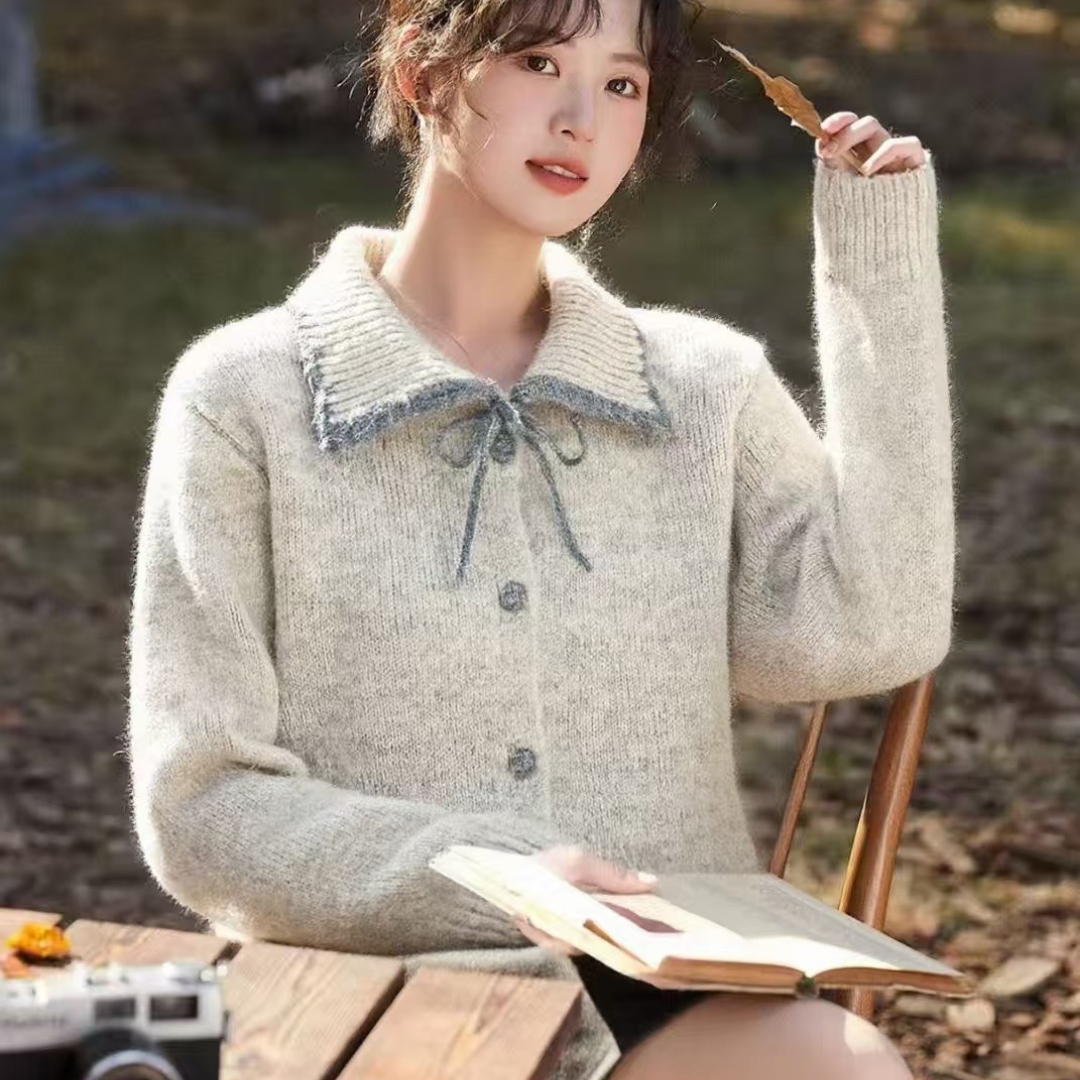 韩系撞色翻领系带毛衣女2025冬季新款小个子长袖针织开衫上衣