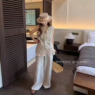 设计感拼接蕾丝镂空马甲 2026新款 韩版 时尚 两件套 高腰屁帘阔腿裤